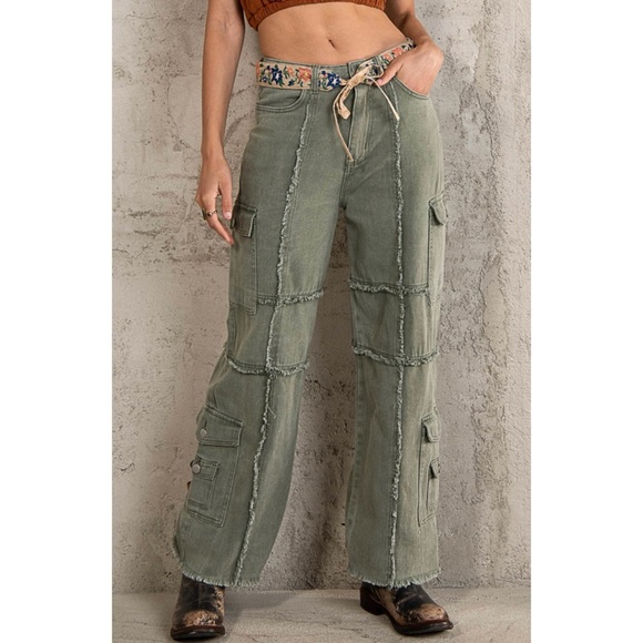 POL Army Green Frayed Edge Utility Jeans Relaxed Fit - Picture 3 of 14